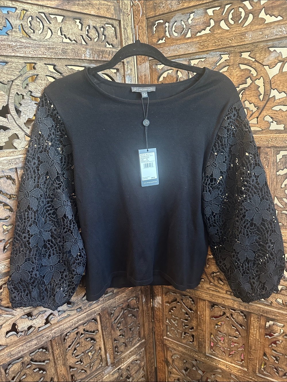 Adrianna Papell Black Lace Balloon-Sleeve Sweater size M